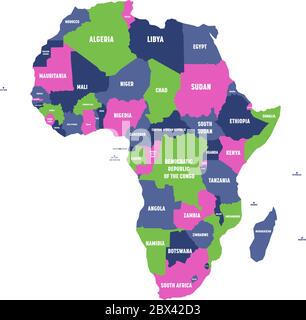 Multicolored political map of Africa continent with national borders and country name labels on white background. Vector illustration. Stock Vector