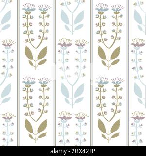 Damask Meadowsweet Flower Bloom Vector Seamless Pattern. Folk Art Stem Floral Hand Drawn on White Background. Vintage Wallpaper Wildflower Stock Vector