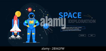 Space exploration - colorful flat design style web banner Stock Vector