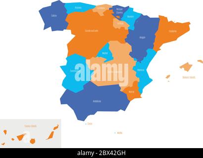 Map of Spain devided to administrative autonomous communities. Simple flat vector map. Stock Vector
