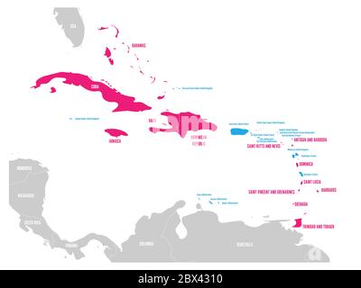 Political map of Carribean. Pink highlighted sovereign states and blue dependent territories. Simple flat vector illustration. Stock Vector