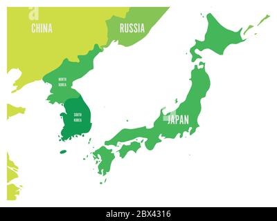 Political map of Korean and Japanese region, South Korea, North Korea and Japan. Green map with white labeling on white background. Vector illustration. Stock Vector