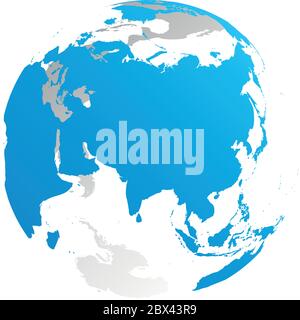 3D planet Earth globe. Transparent sphere with blue land silhouettes. Focused on Asia. Stock Vector