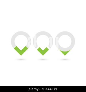 Set of three original map pointers - navigation pins. Simple flat vector objects in grey and green. Stock Vector