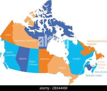 Map of Canada divided into 10 provinces and 3 territories. Administrative regions of Canada. Multicolored map with labels. Vector illustration. Stock Vector