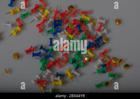 colorful pushpin with gray background Stock Photo