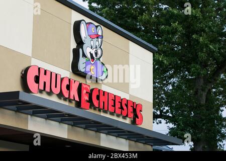 A logo sign outside of a Chuck E. Cheese location in Annapolis, Maryland on May 25, 2020. Stock Photo