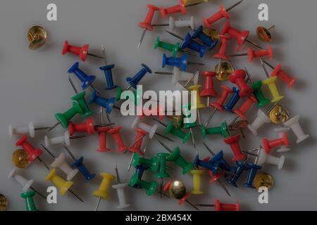 colorful pushpin with gray background Stock Photo