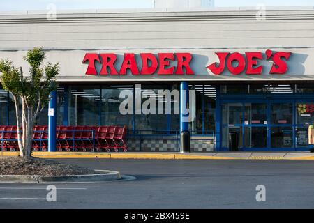 A logo sign outside of a Trader Joes retail grocery store location in Annapolis, Maryland on May 25, 2020. Stock Photo