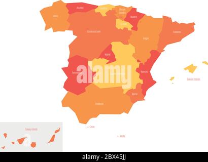 Map of Spain devided to 17 administrative autonomous communities. Simple flat vector map in shades of orange. Stock Vector