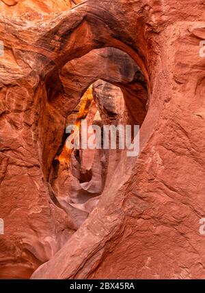 Corklscrew natural sandstone arches in Peekabook Slot Canyon off the Dry Fork of Coyote Gulch, Grand Staircase-Escalante National Monument, Utah Stock Photo