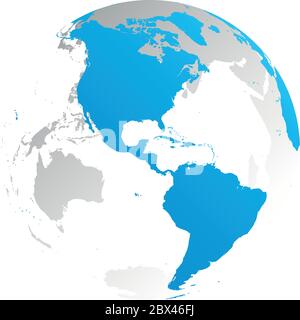3D planet Earth globe. Transparent sphere with blue land silhouettes. Focused on Americas. Stock Vector