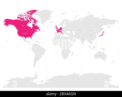 Group of Seven countries, G7, highlighted in the World map. Vector illustration. Stock Vector