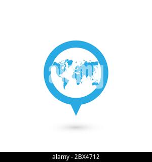 Blue map pointer with world map silhouette icon. Vector illustration with dropped shadow. Stock Vector