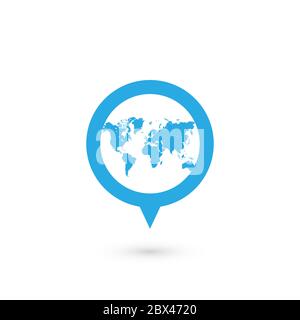 Blue map pointer with world map silhouette icon. Vector illustration with dropped shadow. Stock Vector