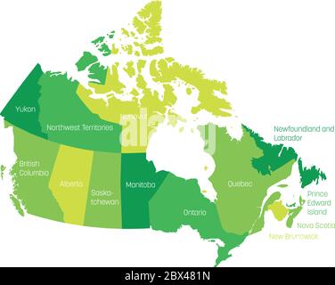 Map of Canada divided into 10 provinces and 3 territories. Administrative regions of Canada. Green map with labels. Vector illustration. Stock Vector