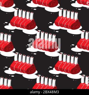 seamless pattern of juicy bone meat on a black background. Vector image Stock Vector