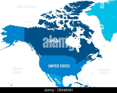 North America map - green hue colored on dark background. High detailed political map North American continent with country, capital, ocean and sea names labeling. Stock Vector