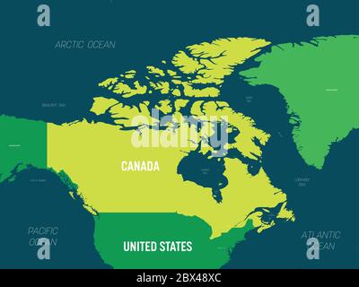 Canada map - green hue colored on dark background. High detailed political map Canada and neighboring countries with country, capital, ocean and sea names labeling. Stock Vector