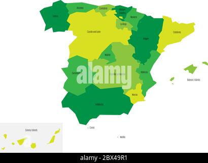 Spanish map devided to 17 administrative autonomous communities. Simple flat vector map in shades of green. Stock Vector