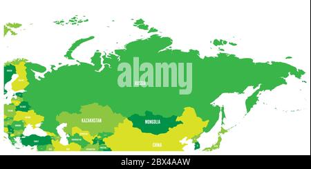 Political map of Russia and surrounding European and Asian countries. Four shades of green map with white labels on white background. Vector illustration. Stock Vector