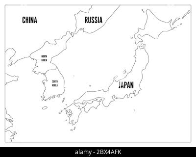 Political map of Korean and Japanese region, South Korea, North Korea and Japan. Black outline map with black labeling on white background. Vector illustration. Stock Vector