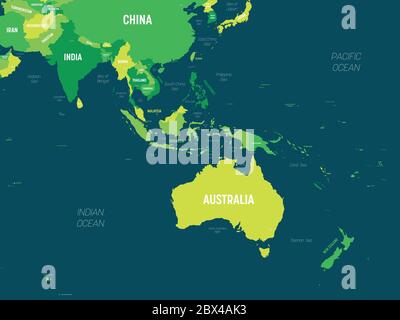 Australia and Southeast Asia map - green hue colored on dark background. High detailed political map of australian and southeastern Asia region with country, capital, ocean and sea names labeling. Stock Vector