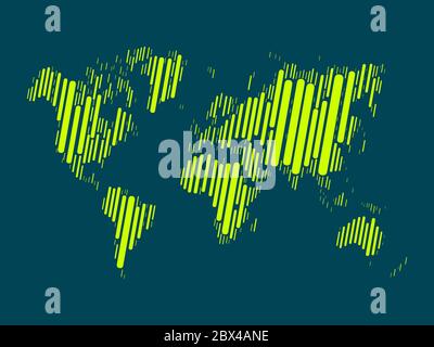 World map mosaic of highlighted green blocks with rounded corners on dark blue background. Vector map of the World. Modern background world design. Stock Vector