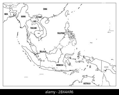 South East Asia political map. Black outline on white background with black country name labels. Simple flat vector illustration. Stock Vector