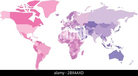 Multicolored map of World. Simplified political map with national borders of countires. Colorful vector illustration in pink-violet spectrum colors. Stock Vector