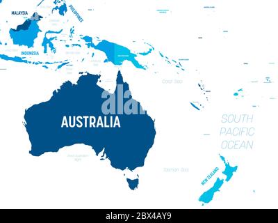 Australia and Oceania map - green hue colored on dark background. High detailed political map of australian and pacific region with country, capital, ocean and sea names labeling. Stock Vector