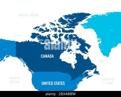 Canada map - green hue colored on dark background. High detailed political map Canada and neighboring countries with country, capital, ocean and sea names labeling. Stock Vector