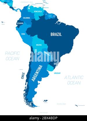 South America map - green hue colored on dark background. High detailed political map South American continent with country, capital, ocean and sea names labeling. Stock Vector