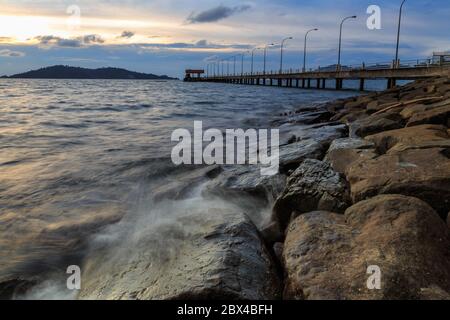 scenery of jetty sunset at Kota Kinabalau, Sabah in soft focus,motion blur due to long exposure Stock Photo