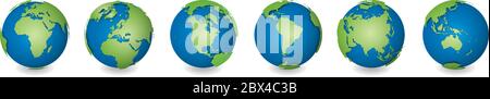 Set of six Earth globes focused on continents Africa, Europe, North America, South America, Asia and Australia. Stock Vector