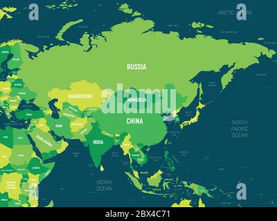 Asia - green hue colored on dark background. High detailed political 