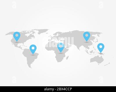 Map of World with navigation pointers. Grey map infographics with blue pins. Vector illustration. Stock Vector