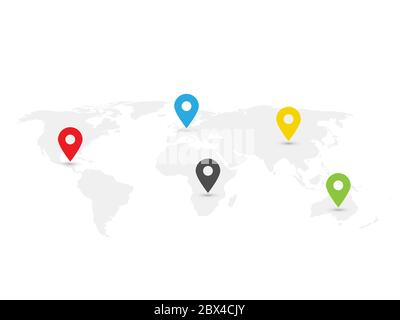 Map of World with navigation pointers. Grey map infographics with pins in olympic colors. Vector illustration. Stock Vector