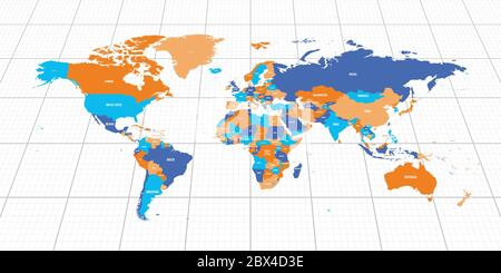 Colorful geopolitical map of World. Bottom perspective view with background grid. Vector illustration. Stock Vector