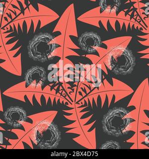 Colorful floral seamless pattern with white dandelion flowers and pink leaves on gray background. Stock vector Stock Vector