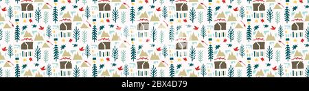 Homespun Winter Scene with Fir Tree an House Border Pattern. Seamless Ribbon Trim for Christmas Holidays Texture. Paper Cut Collage Banner Edging Stock Vector
