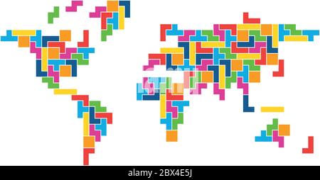 World map mosaic of colorful tetris blocks. Flat vector illustration. Stock Vector