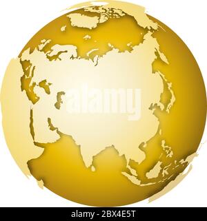 Earth globe. 3D world map with metallic lands dropping shadows on gold surface. Vector illustration. Stock Vector