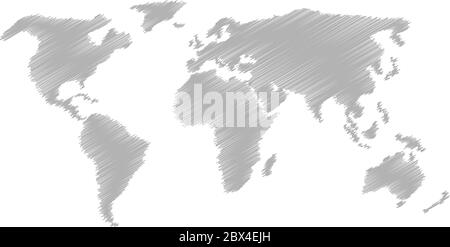 Pencil scribble sketch map of World. Hand doodle drawing. Grey vector illustration on white background. Stock Vector