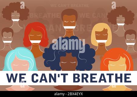 We can't breathe text. Black lives matter. Vector poster about human rights violation of black people in the U.S. of America. Silhouette of activists Stock Vector