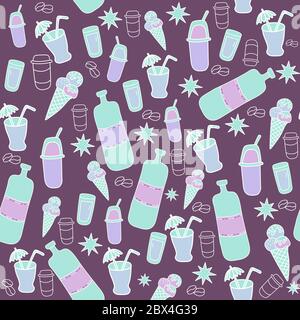 Seamless pattern of icons of glasses, cocktails and bottles. Vector outline illustration on bright background. Stock Vector