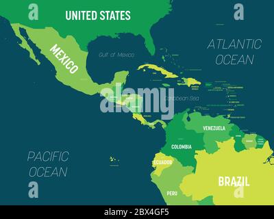 Central America map - green hue colored on dark background. High detailed political map Central American and Caribbean region with country, capital, ocean and sea names labeling. Stock Vector