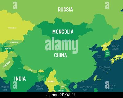 East Asia map - green hue colored on dark background. High detailed ...