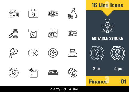 Business, Finance, Cash Icons set. Thin line icon - Outline flat vector illustration. Editable stroke pictogram. Premium quality graphics concept for Stock Vector