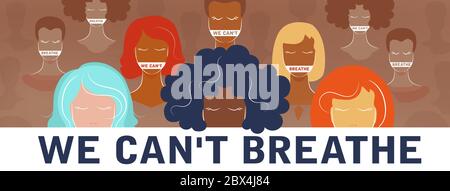 We can't breathe text. Black lives matter. Vector cover about human rights violation of black people in the U.S. of America. Silhouette of activists i Stock Vector